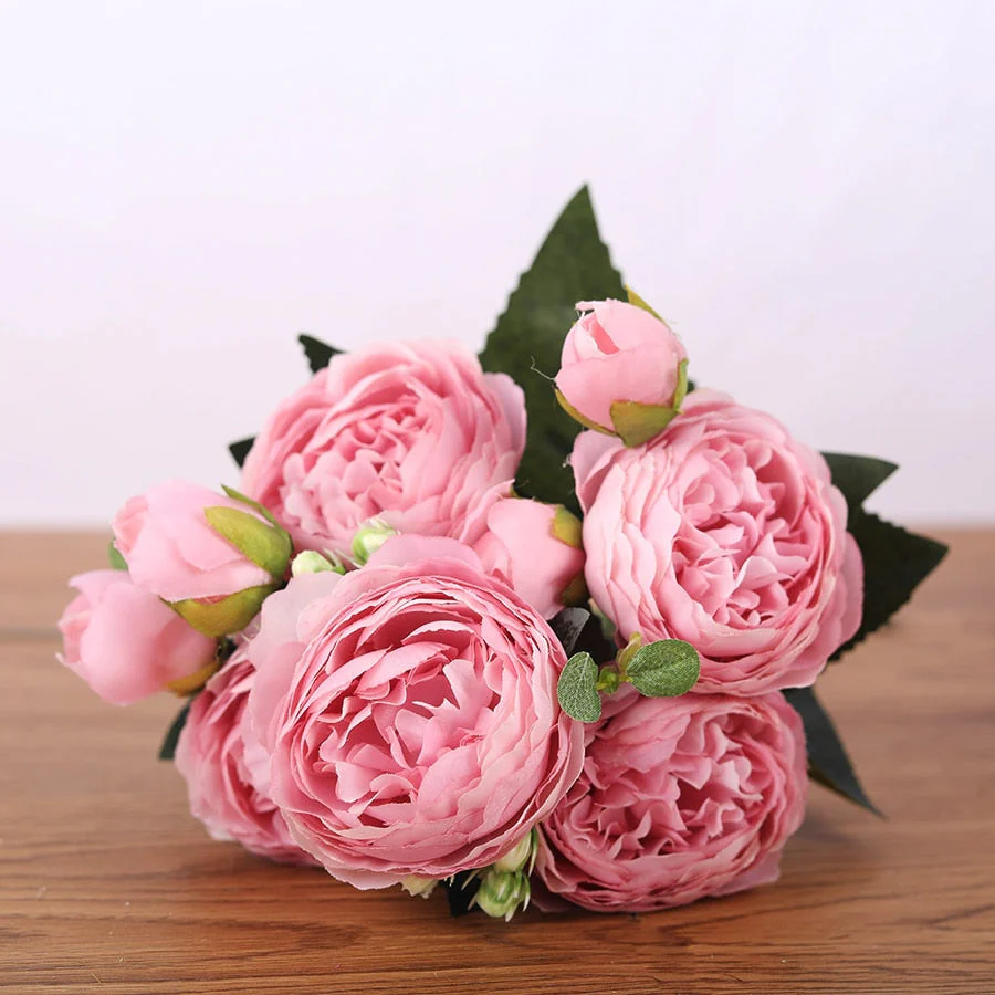 HULIANFU 2026  30cm Rose Pink Silk Bouquet Peony Artificial Flowers 5 Big Heads 4 Small Bud Bride Wedding Home Decoration Fake Flowers Faux - Deanwangkt