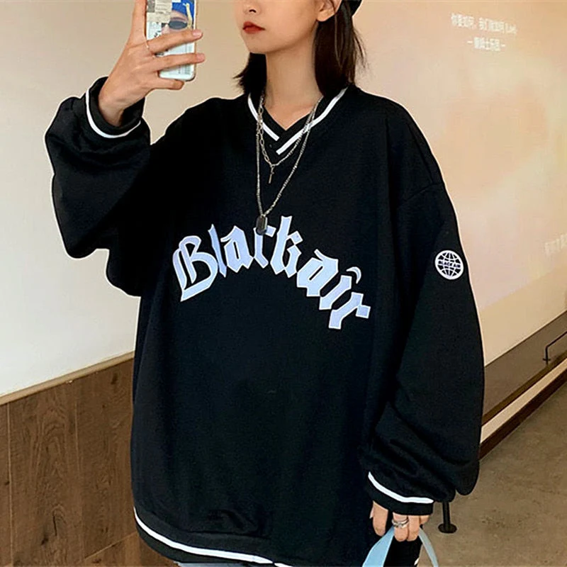 Green Vintage Letters Embroidered Crewneck Sweatshirt Women Winter Tops Oversized Girls Streetwear New Korean Fashion Pullovers - Deanwangkt