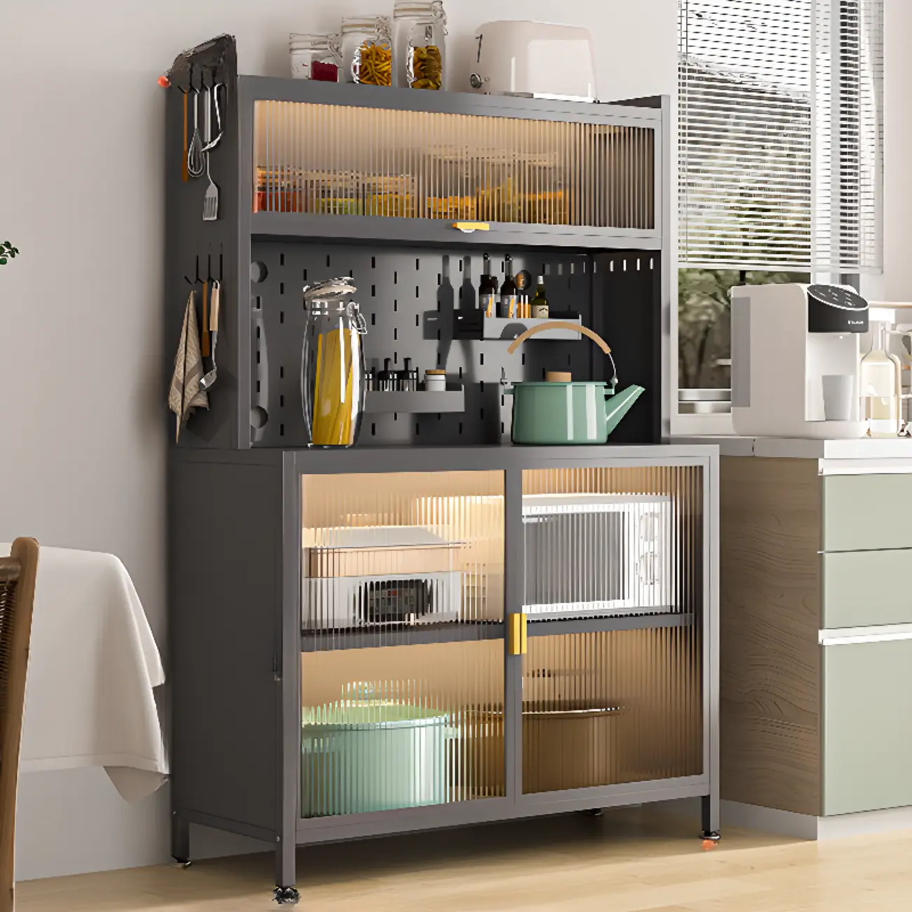Modern Steel Multi-Shelf Sideboard with Pegboard Back
