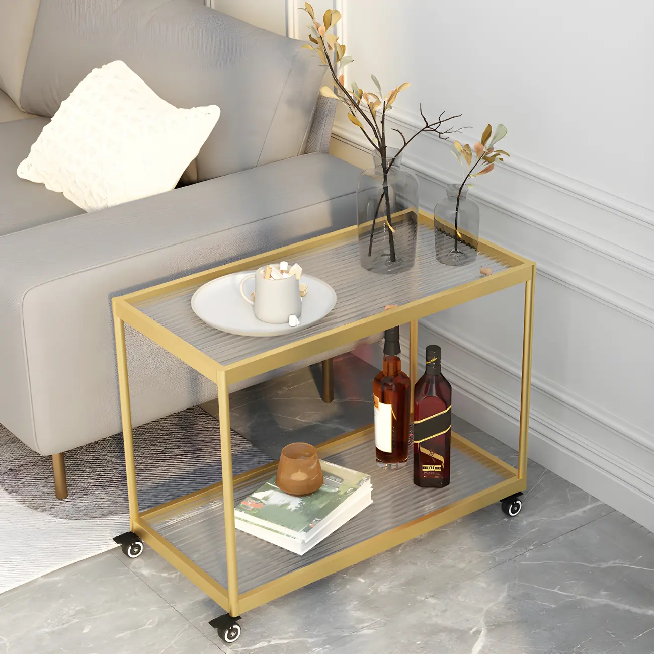 Gold Glass Rectangular Top Shelf Side Table on Wheels