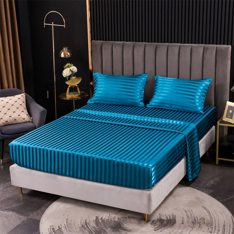 HULIANFU Luxury Jacquard Satin Stripe Silk Bed Sheet Set King Size High End Soft Smooth Queen Fitted Sheets with Elastic Band Bedsheet - Deanwangkt