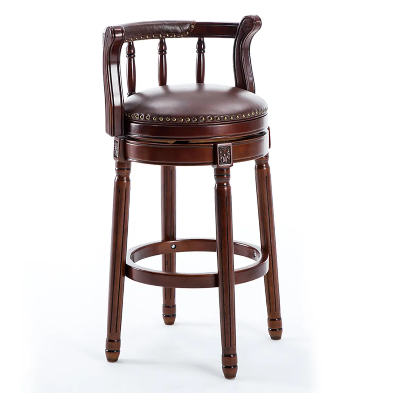 Swivel Counter Height Bar Stools in Genuine Leather & Walnut Solid Wood