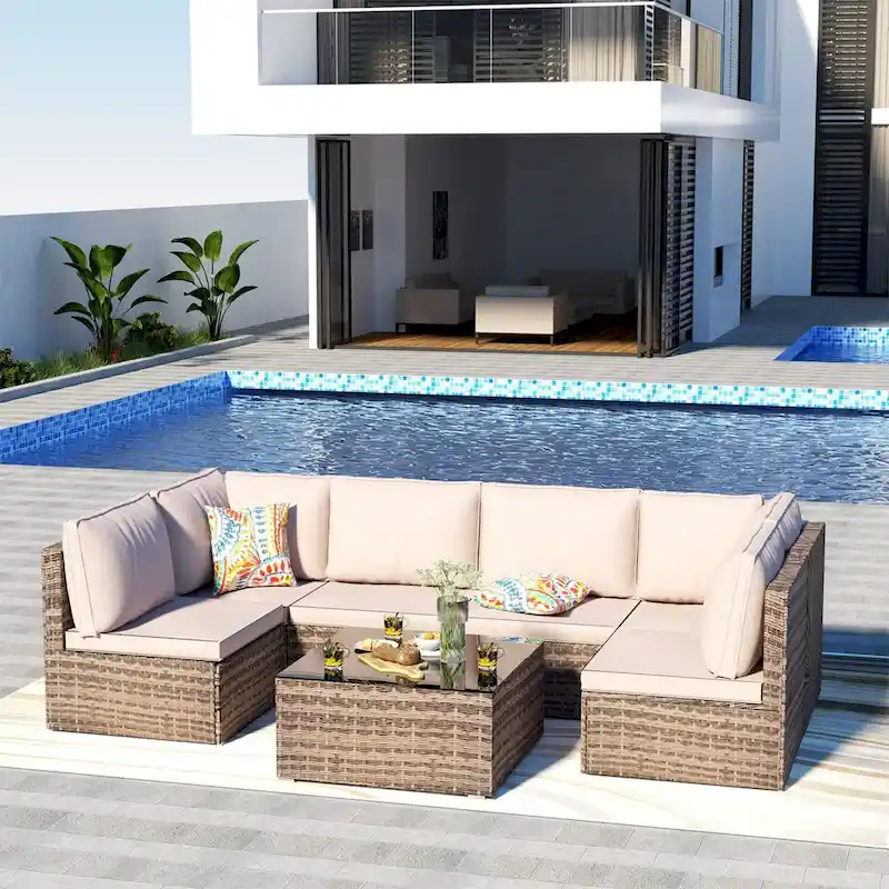 Outdoor Wicker 7-Piece Conversation Sofa Set with Cushions