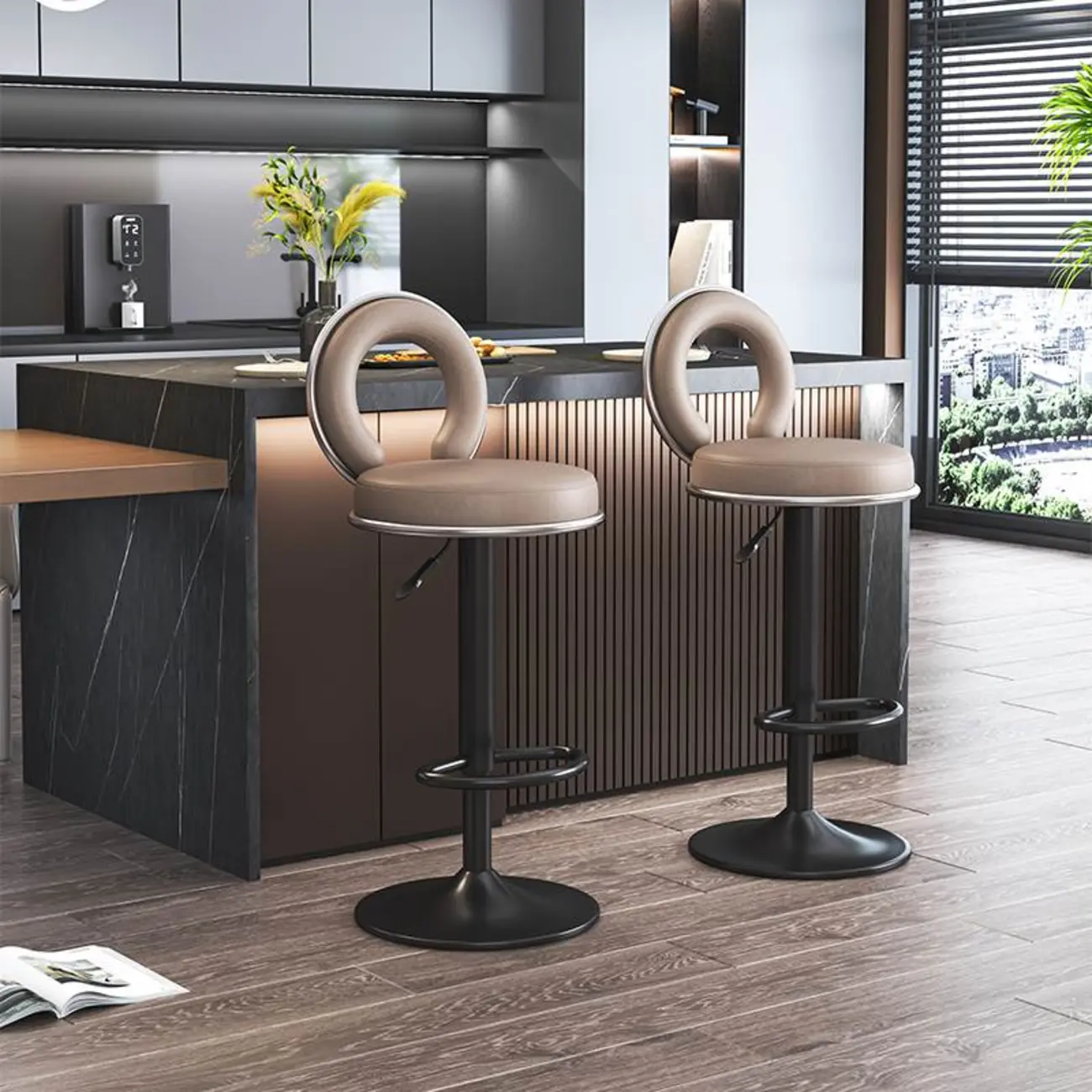 Glam Round Adjustable Leather Swivel Bar Stool with Back