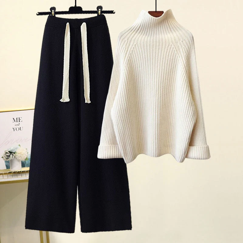 Hulianfu Autumn Winter Warm Knitted Suit Women Long Sleeve Half Turtleneck Knitting Sweater And Wide Leg Pants Sets Outer Wear Loose Set - Deanwangkt