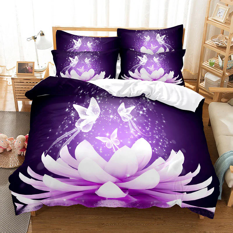 HULIANFU Purple Bedding Set Linens Duvet Cover Bed Quilt Pillow Case 3D Comforter Lavender Butterfly Double Full King Queen Twin Single - Deanwangkt