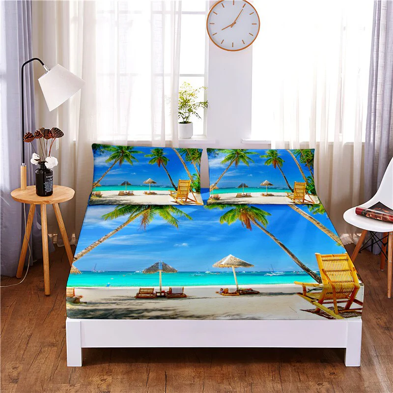 HULIANFU Sunset Beach Digital Printed 3pc Polyester  Fitted Sheet Mattress Cover Four Corners with Elastic Band Bed Sheet Pillowcases - Deanwangkt