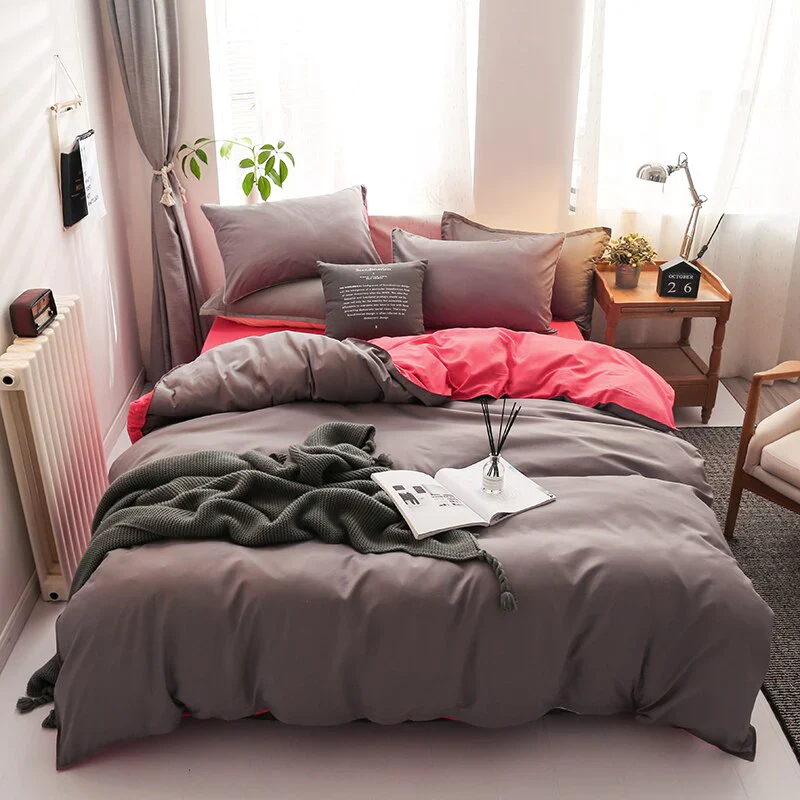 HULIANFU Nordic Double Color Bedding Set Single Queen King Duver Cover Set 240x220 Bed Sheet Bed Linen Pillowcase Gray Pink Quilt Covers - Deanwangkt