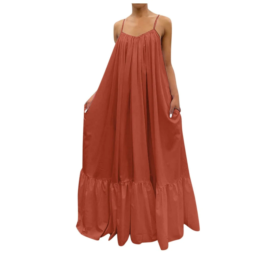 hulianfu Women Camisole Oversized Fashion Casual Solid Maxi Dresses Strap Dress Pocket Loose Backless Big Swing Solid Floor-length Robe - Deanwangkt
