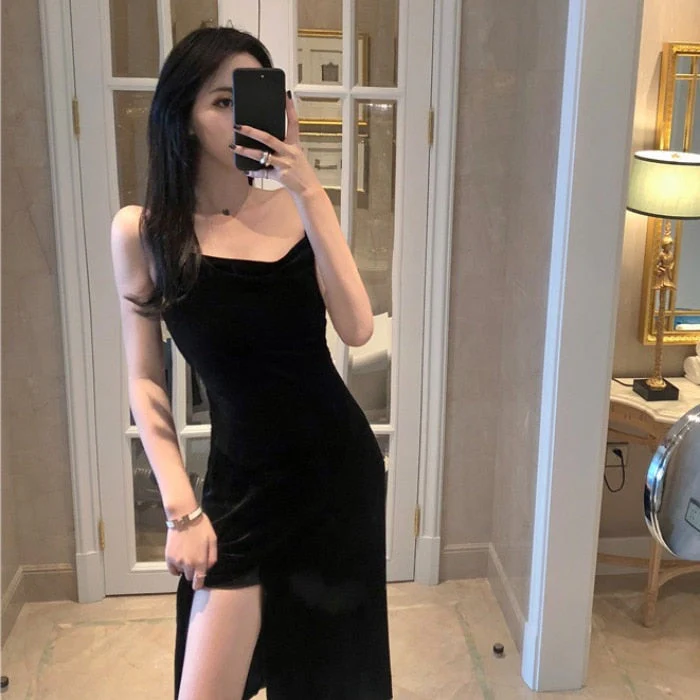 Hulianfu New Vintage Women Dress Spaghetti Strap Slit Velvet Black Dress Sexy Bodycon Bandage Dress Midi Party Dress Verano Vestidos - Deanwangkt