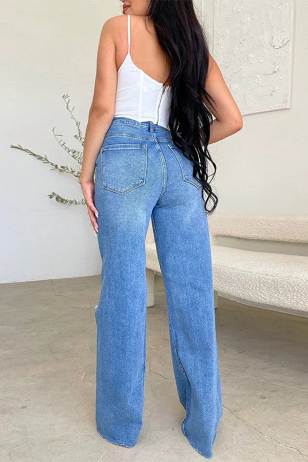 hulianfu - The cowboy blue Casual Solid Ripped Patchwork High Waist Regular Denim Jeans - Deanwangkt