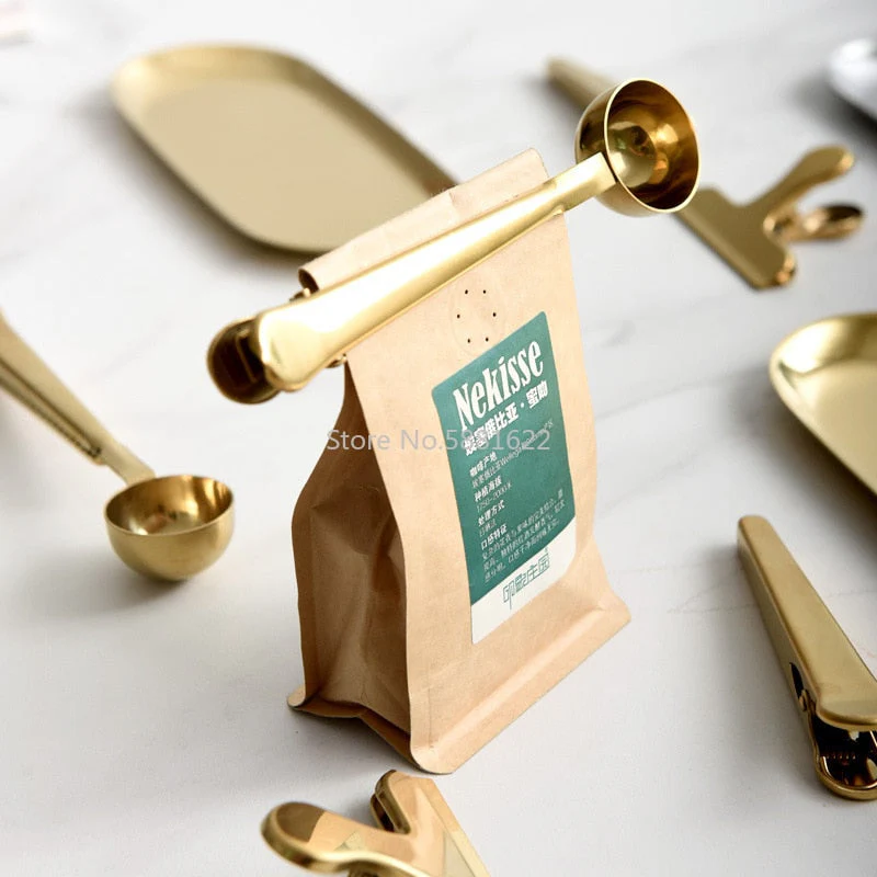 HULIANFU Two-in-one Stainless Steel Coffee Spoon Sealing Clip Kitchen Gold Accessories Recipient Cafe Expresso Cucharilla Decoration - Deanwangkt