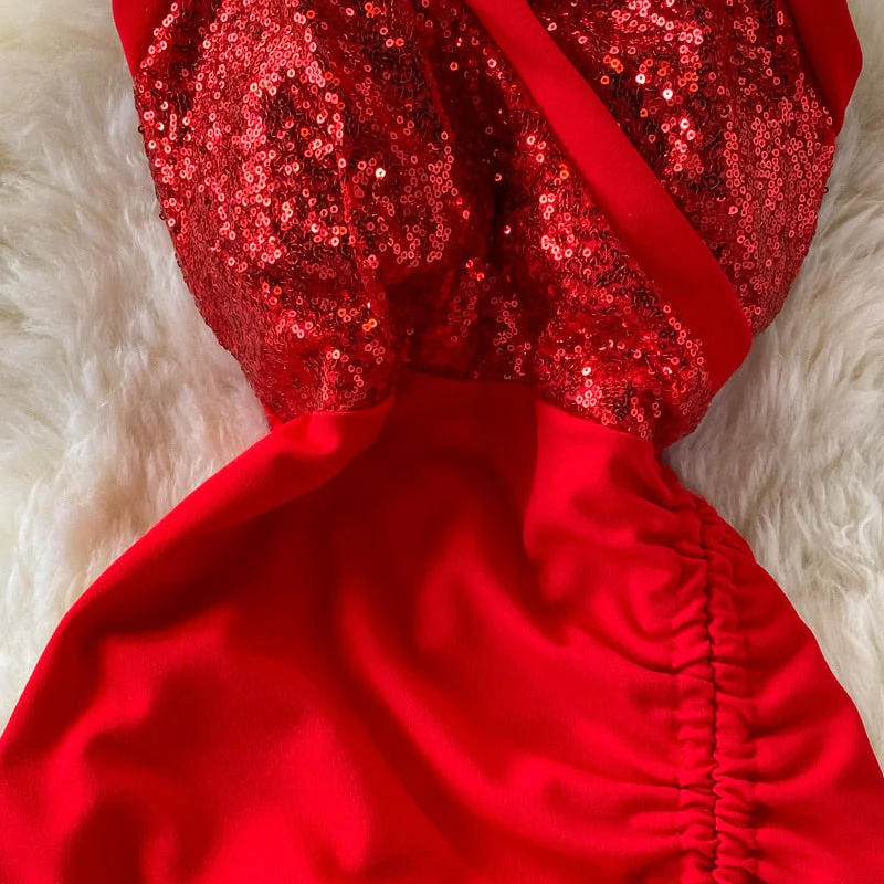 Hulianfu Summer Women Dress Sexy Lace-up Halter Sleeveless Sequins Party Dress High Waist Drawstring Ruched Irregular Backless Club Dress - Deanwangkt