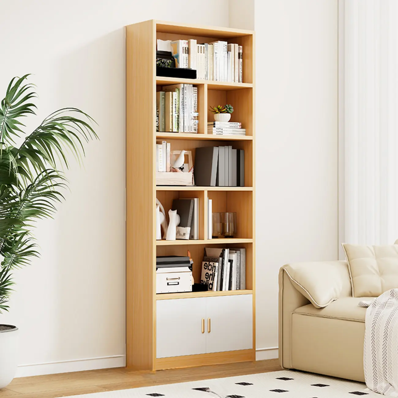 Natural Finish Narrow 6 Shelves Wooden Bookcase with Drawer