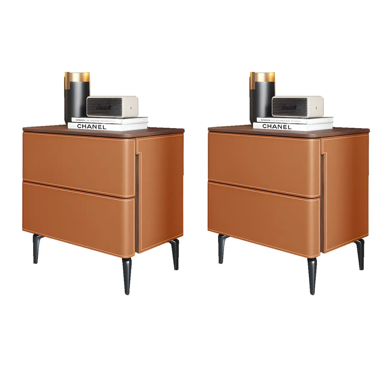 Modern Faux Leather Wood Top Drawers Nightstand