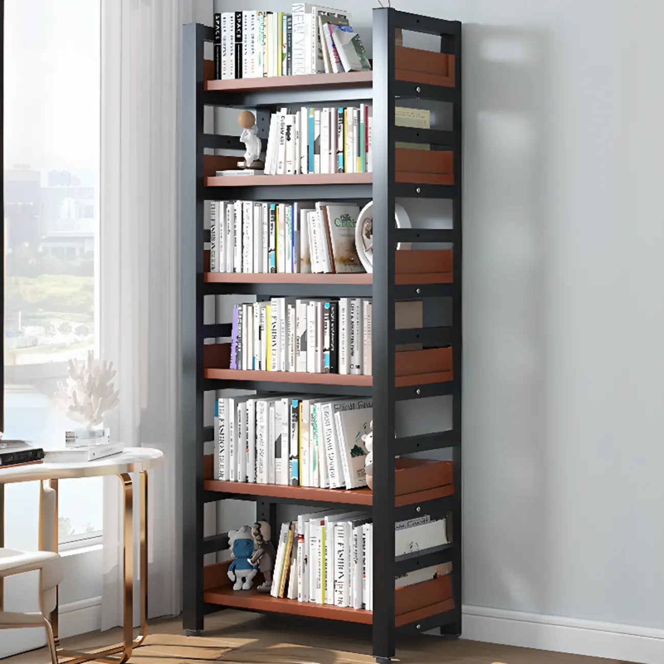 Freestanding Simple Multi-Layer Wood Bookshelf in Steel Frame