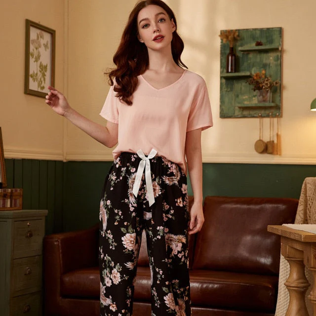 Breathable 2PCS Pajama Short Sleeve Printed Pijama Mujer Femme Loose Nightwear Suit Female Casual Homewear Pajama Set For Women - Deanwangkt