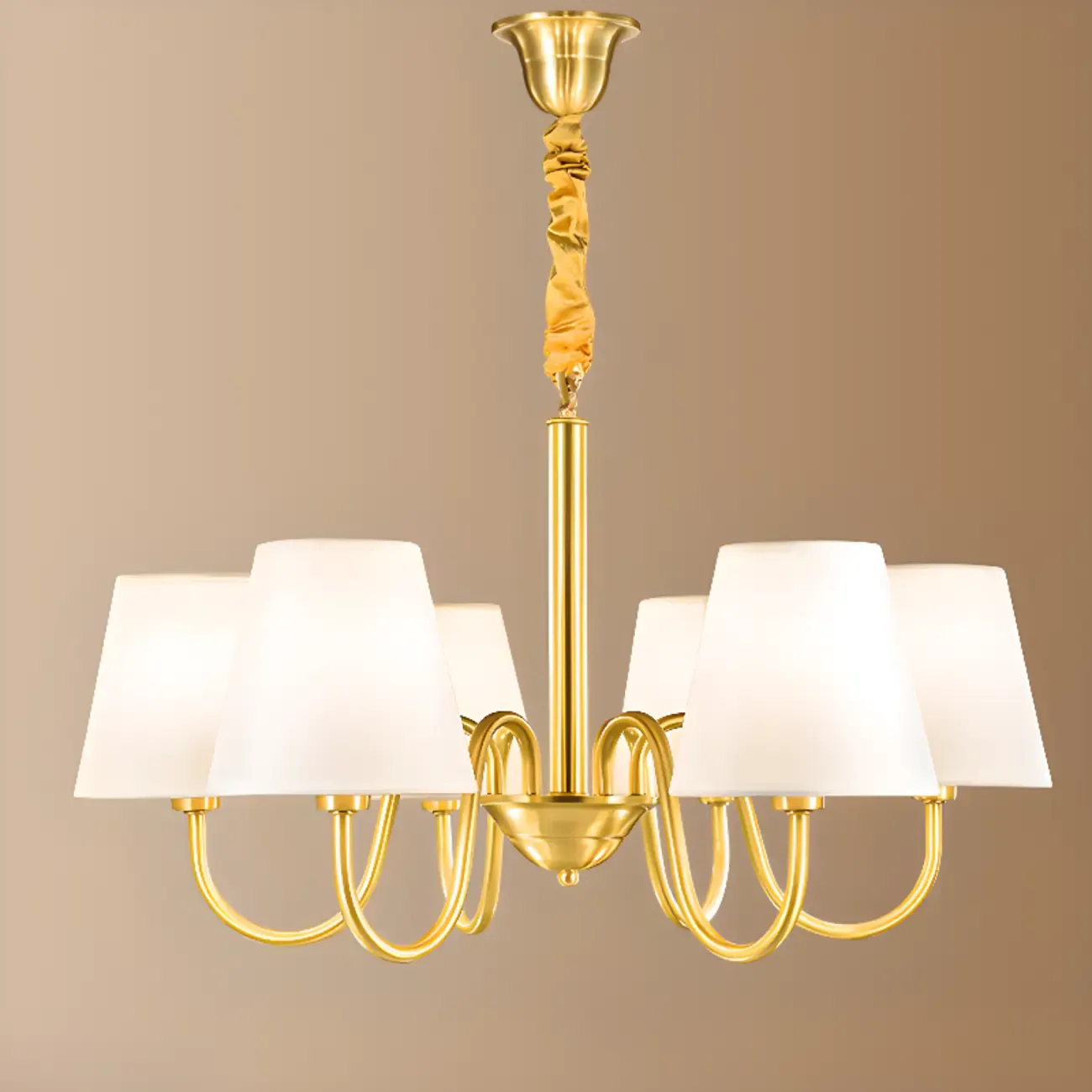 Modern Brass Hanging Chandelier with Fabric Shade
