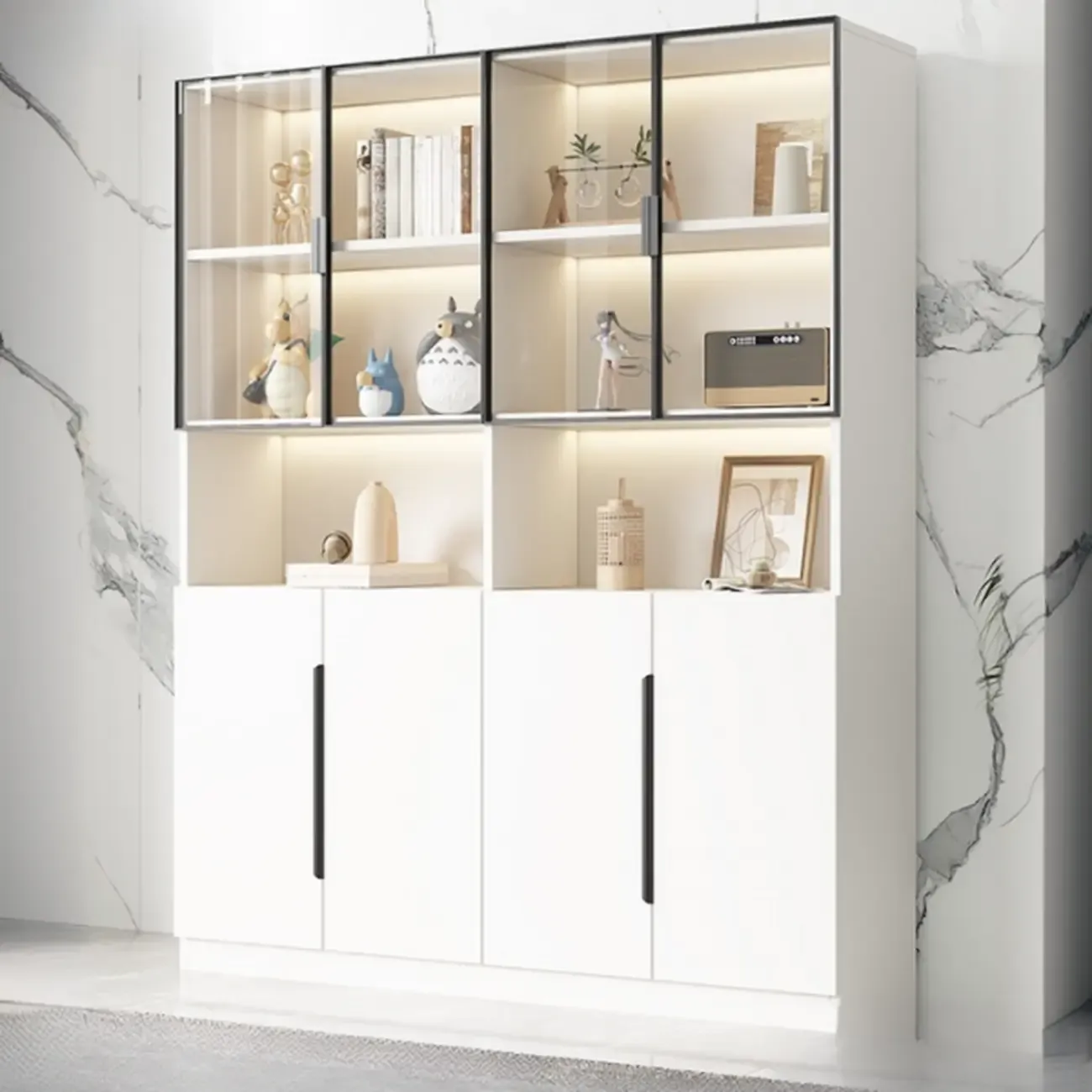 White Wooden Glass Door Display Storage Bookcase
