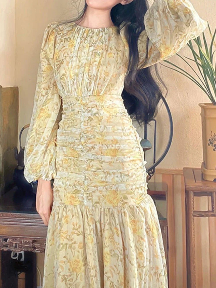 Hulianfu Floral Print Lace Midi Dresses for Women Clothing Elegant Long Sleeve Folds Party Prom Female Beach Bodycon Dress Summer 2026 - Deanwangkt