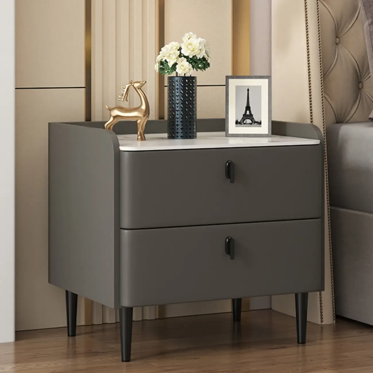 Trendy Stone Leather Gold Accents 2-Drawer Nightstand