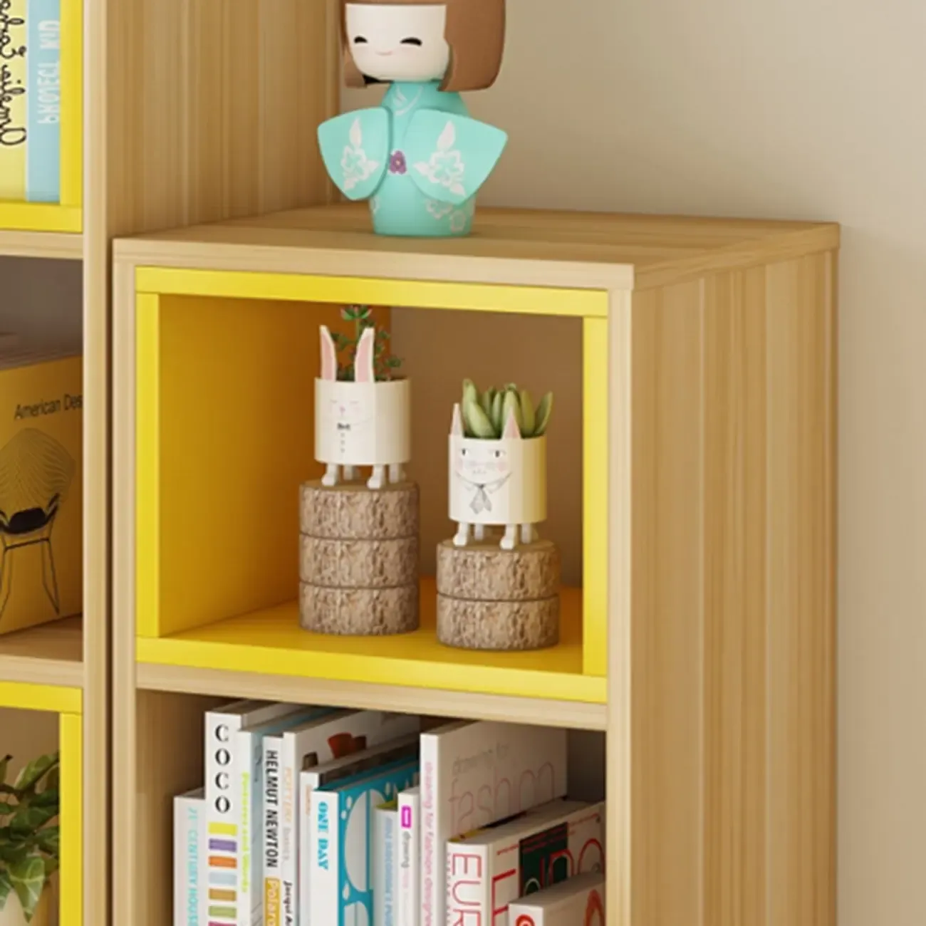 Wood 3-Tier White and Yellow Cube Bookcase with Cabinet