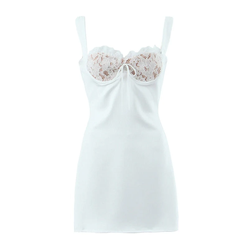 Hulianfu Spring Summer New Sexy Casual Lace Stitching Wavy Collar Halter Straps Bag Hip A-Line Short Mini Dress Women - Deanwangkt