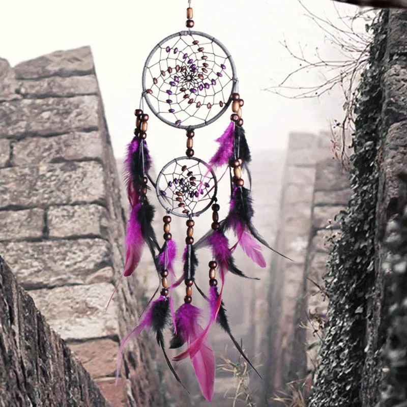 HULIANFU Original silver gray dream catcher 2 ring Indian feather hanging art gifts to bestie friends creative valentine's day gifts - Deanwangkt