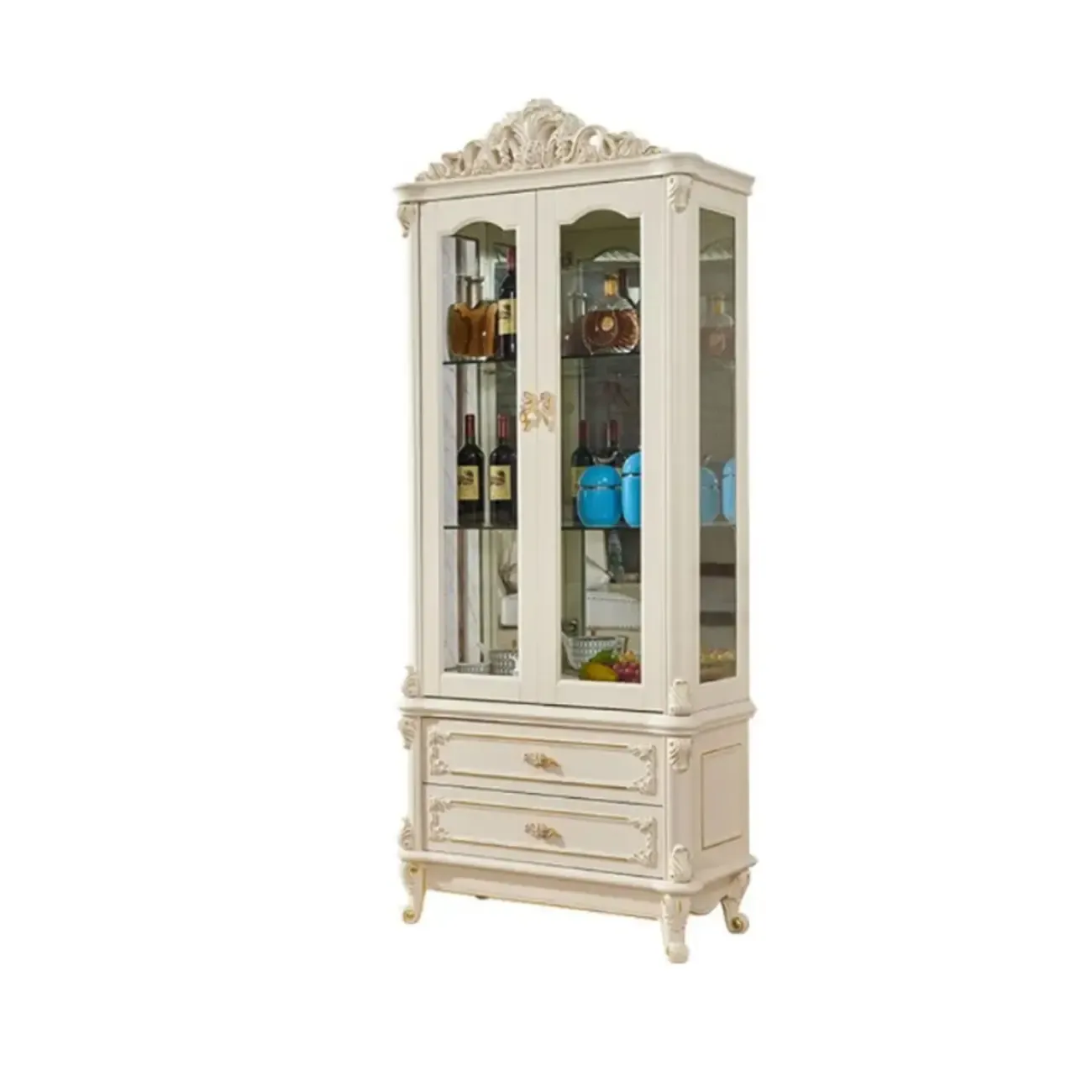Glam White Wooden Glass Curio Cabinet with Drawers