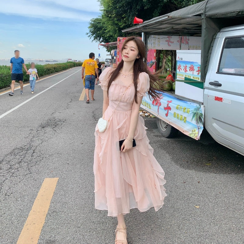 Hulianfu Vinatge Sweet French Midi Dresses Women Casual Short Sleeve Beading Chiffon Dress Elegant Female Party One Piece Dress Korean - Deanwangkt