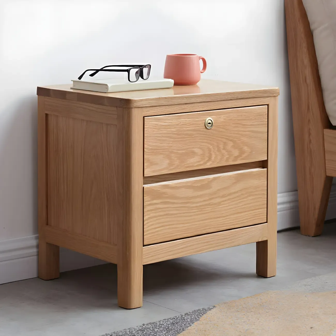 Scandinavian Oak Wood Narrow Locking Nightstand