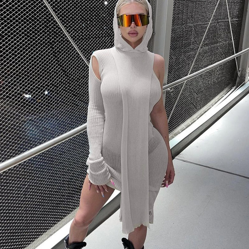 Fall Spring Clubwear Tight Dress One Sleeve Knit Asymmetric Midi Dresses Skinny Ribbed Hooded Streetwear Baddie Clothes - Deanwangkt
