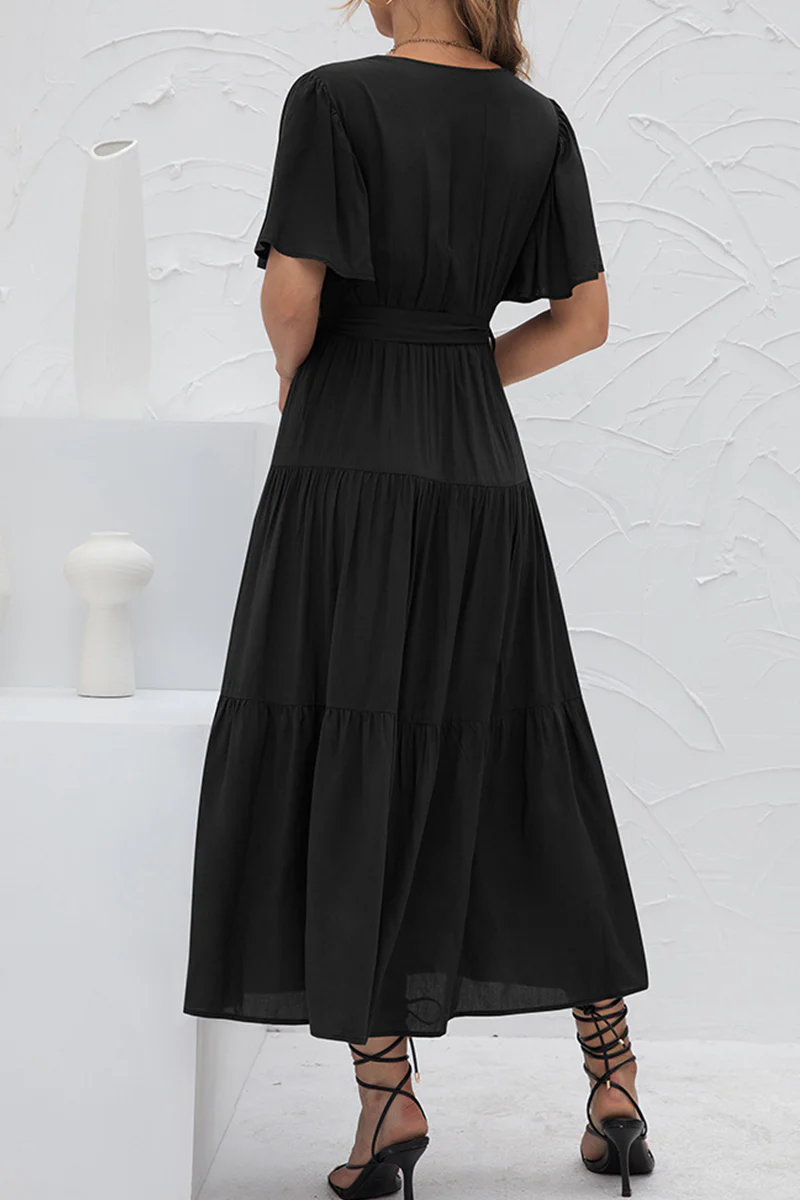 hulianfu Elegant Solid Patchwork With Belt V Neck Cake Skirt Dresses - Deanwangkt
