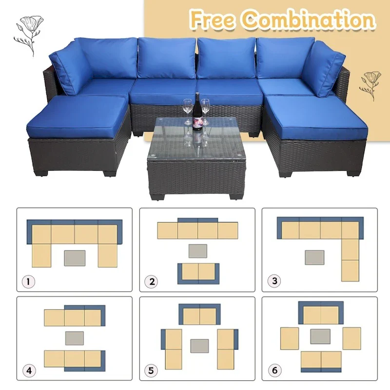 7-Piece Rattan Wicker Cushioned Sofa Sets with Coffee Table