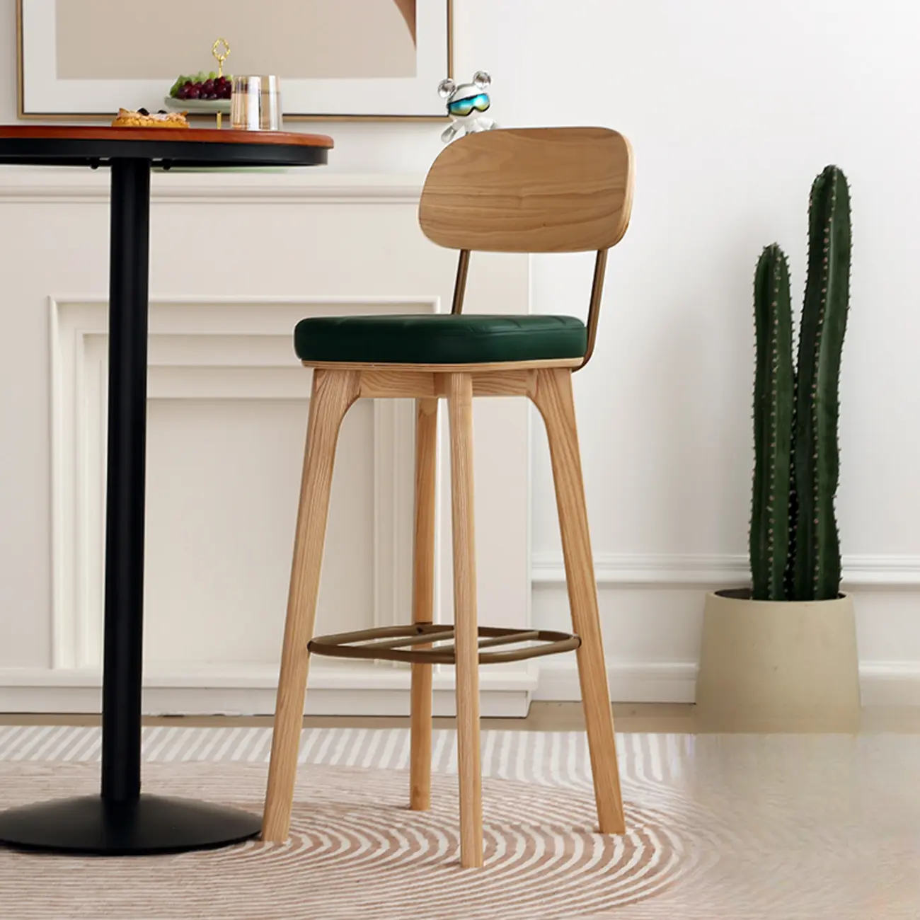 Wooden Square Leather Upholstered Bar Stool with Backrest