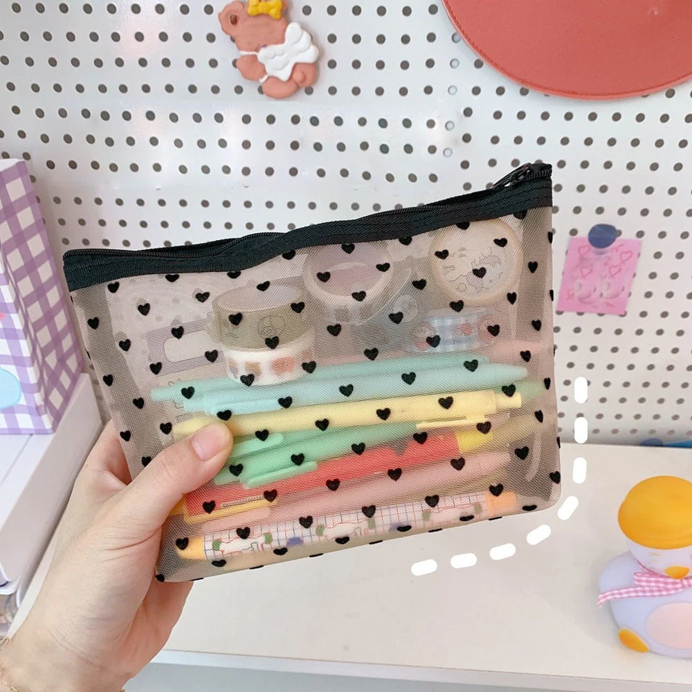 HULIANFU Mesh Cosmetic Makeup Bags Case Holder Cute Transparent Zipper Black Heart Printed Pencil Pen Case Pouch Convenient To Carry - Deanwangkt