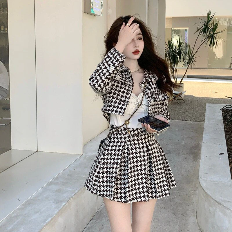 Women New Spring 2 Piece Matching Suits Long Sleeve Plaid Short Jacket&High Waist Pleated Mini Skirt Vintage 2pc Dress Sets - Deanwangkt