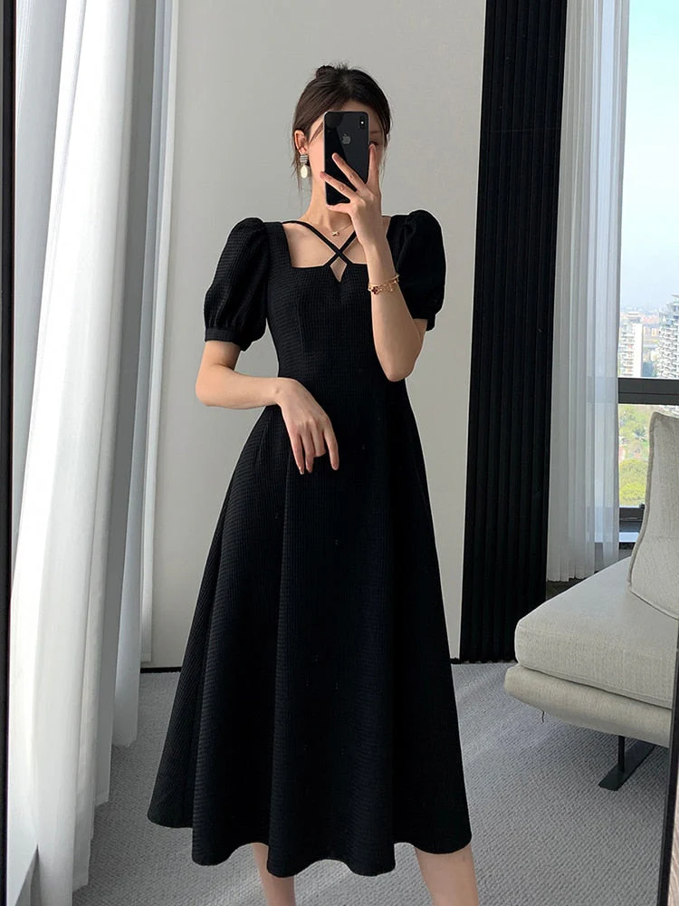 Hulianfu Summer Women Fashion Elegant Casual Solid Puff Sleeve Midi Dresses Evening Office Lady Female A Line Clothes Vestdios Black - Deanwangkt
