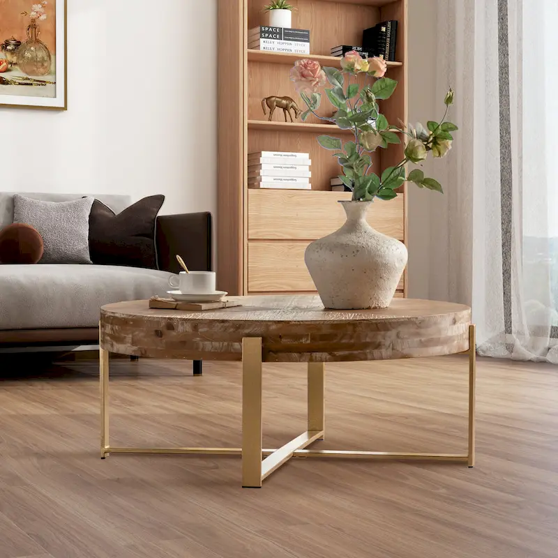 31W Round Coffee Table With Fir Wood Table Top and Metal Frame End Table