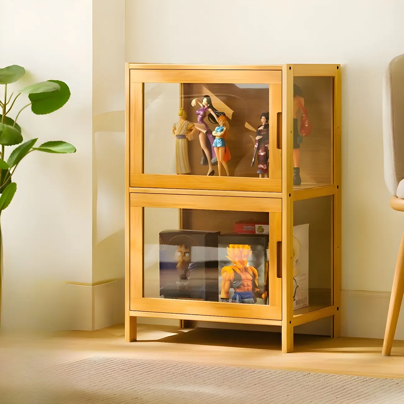 Modern Bamboo Tall Curio Cabinet with Glass Doors