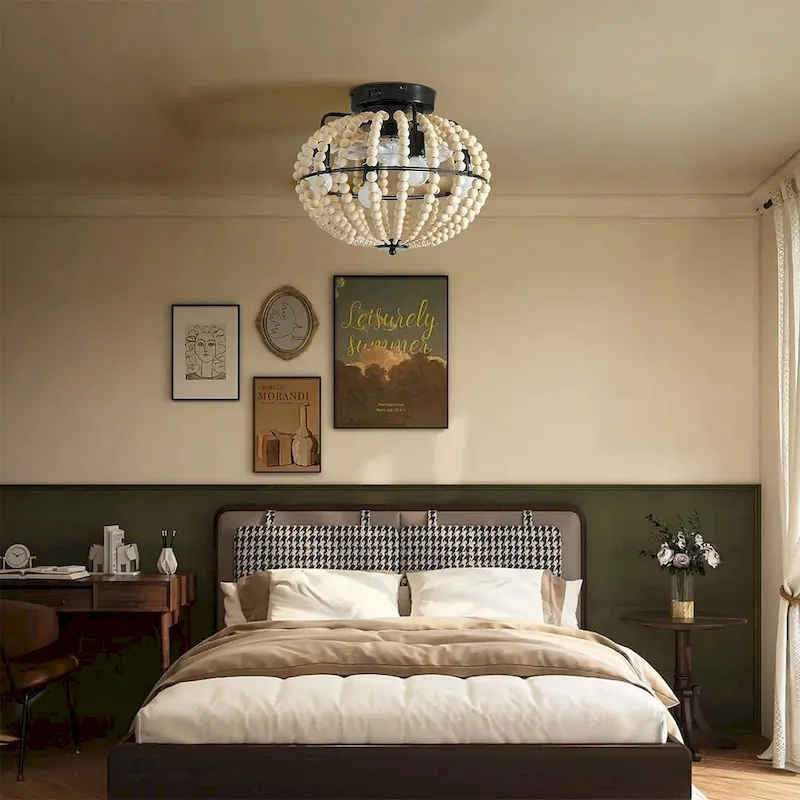 Modern Wooden Beaded Fan Light with Remote, Oak White