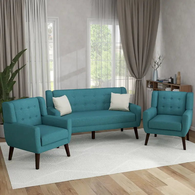 Modern Curved 63 Button Tufted Upholstered Loveseat with 2 Accent Chairs