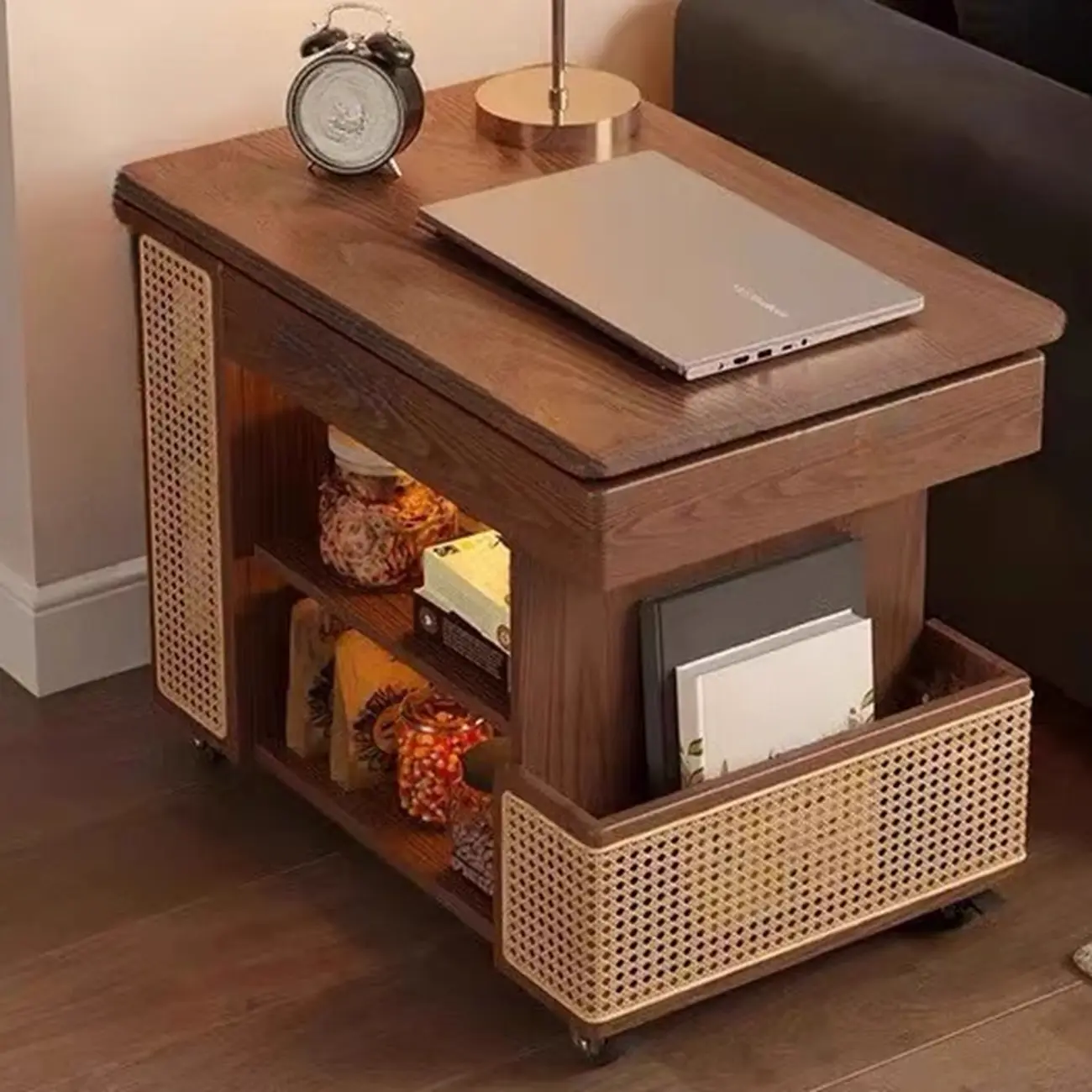 Swivel Tabletop Adjustable Wood Side Table with Wheels