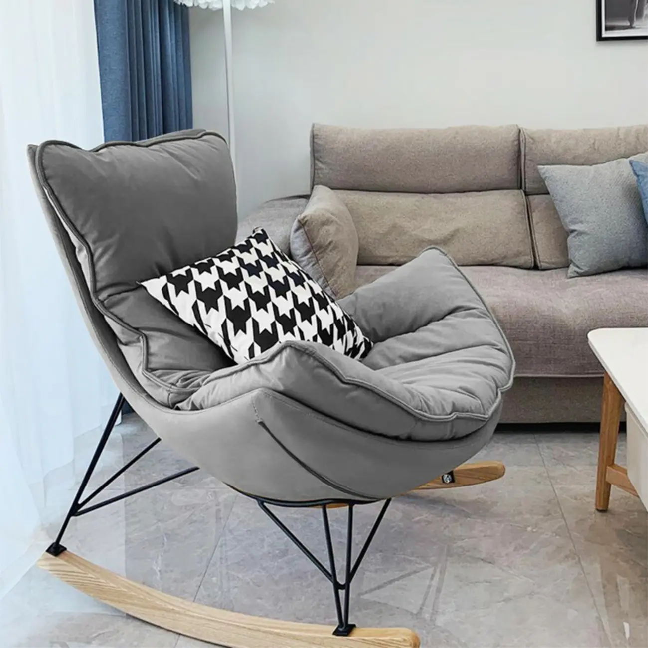 Mid Century Modern Upholstered Rocking Chair with Ottoman