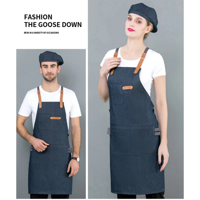 HULIANFU Long Apron Denim Restaurant Hotel Waist Chef Apron Bar Pub Kitchen Waiter Waitress Cook Apron Universal Cooking Hat Caps 56-58cm - Deanwangkt