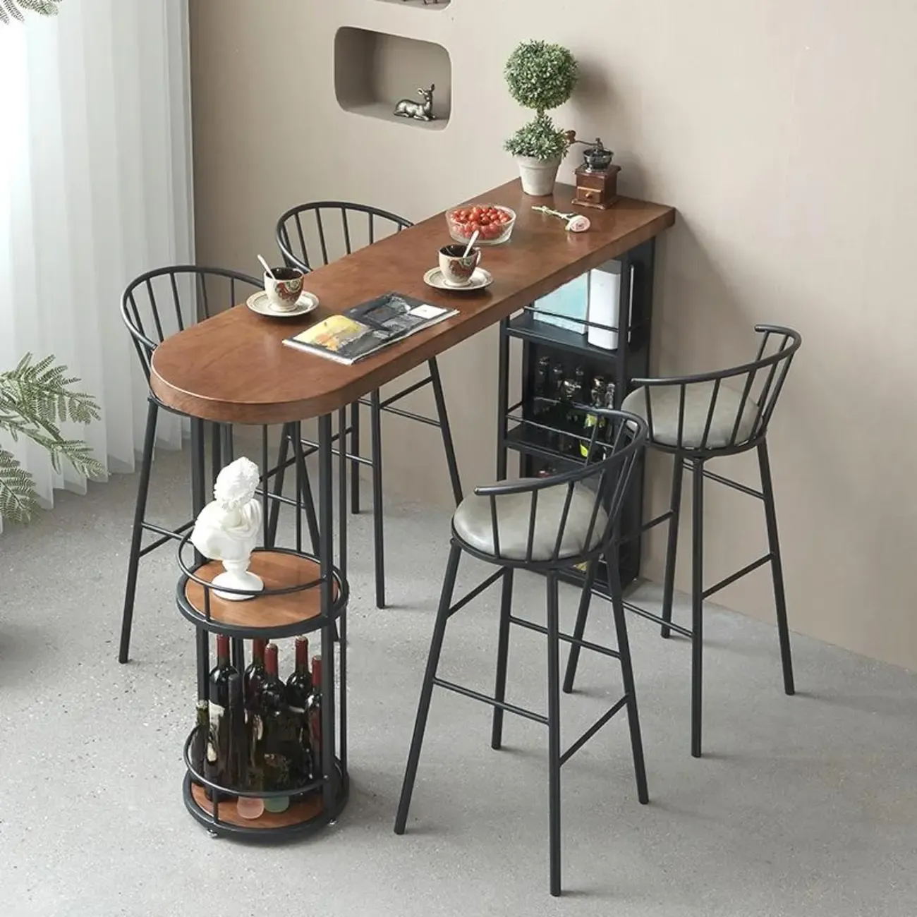 Vintage Brown Wooden Black Iron Shelves Storage Bar Tables