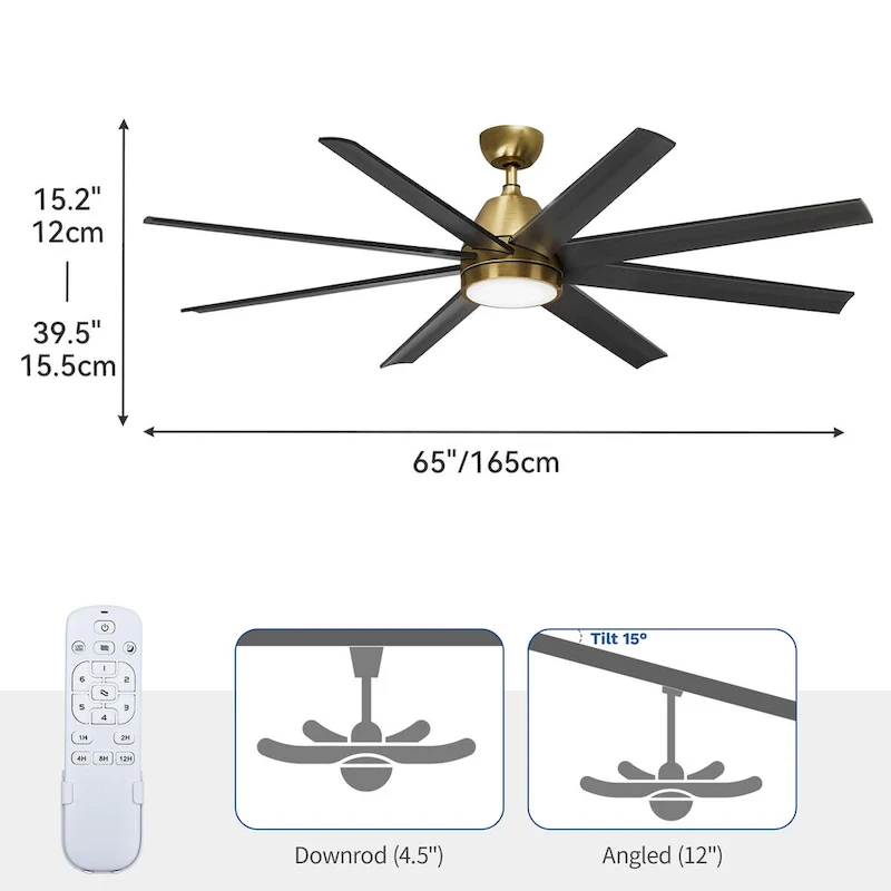 Moasis 8 Blade Ceiling Fan with Light and Remote 65 Inch Large Black and Gold Ceiling Fan - 65 W x 65 L x 39.5 H