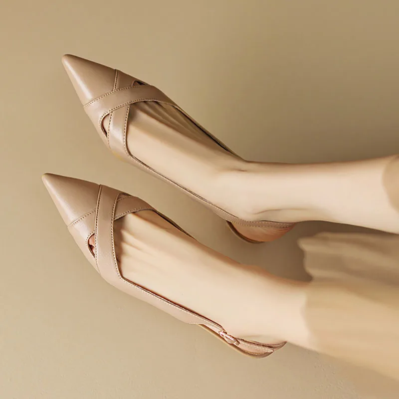 New Women Sandals Mid Heels Pumps Pointed Toe Slingblacks Woman Dress Shoes Cut Outs Leather Shoes Summer Sandalias Mujer 1475N - Deanwangkt