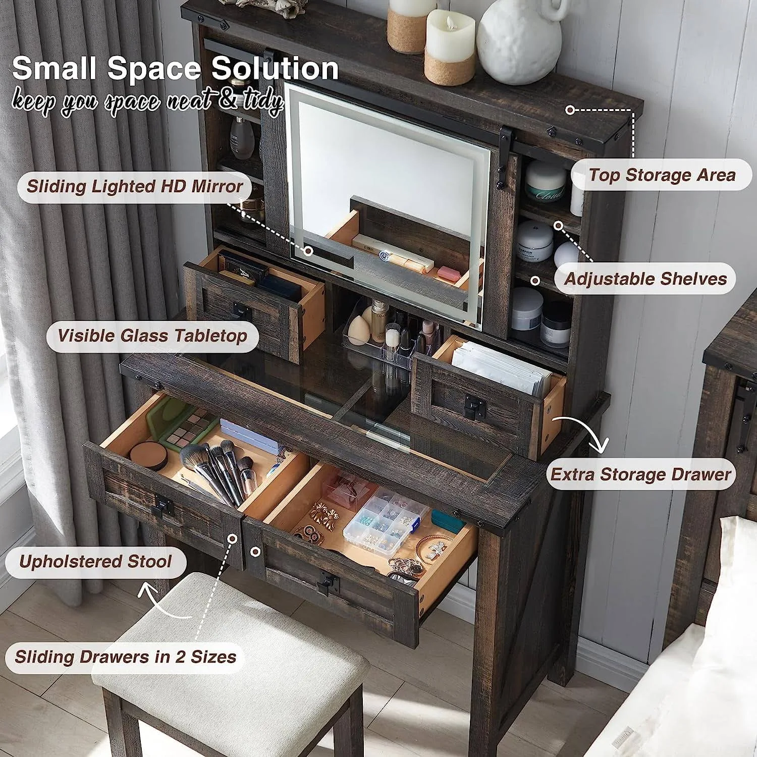 Okd Farmhouse Rustic Vanity Set with Sliding Mirror and Lights, Makeup Vanity Table Desk for Bedroom, 4 Drawers and Adjustable Shelves, Dark Rustic