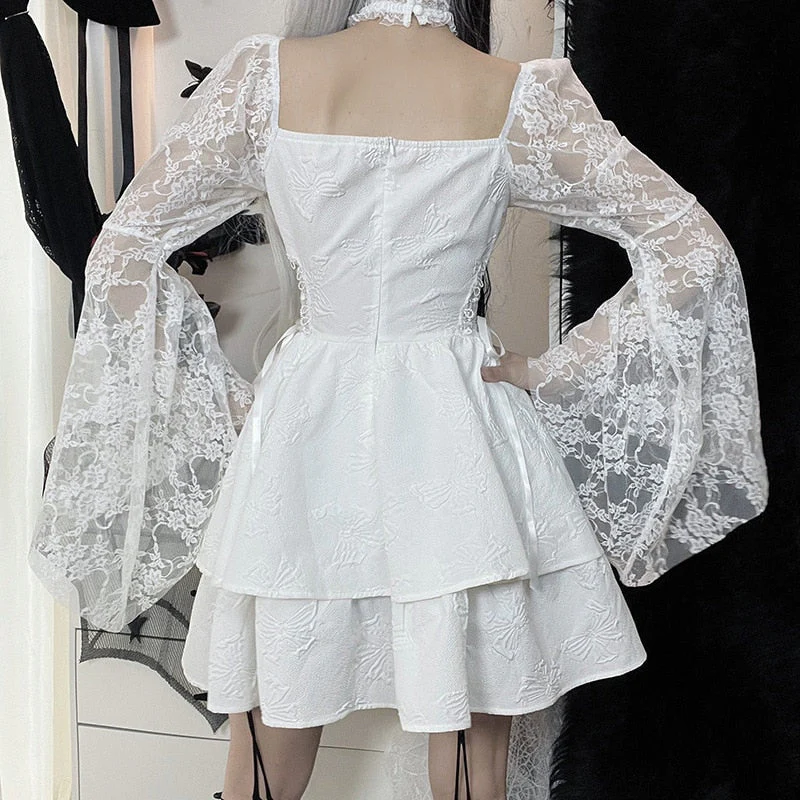Halter Halloween Cosplay Costumes Gothic Lolita Party Dress White Black Flare Sleeve Fairy Princess Ruffle Cake Kawaii Dresses - Deanwangkt